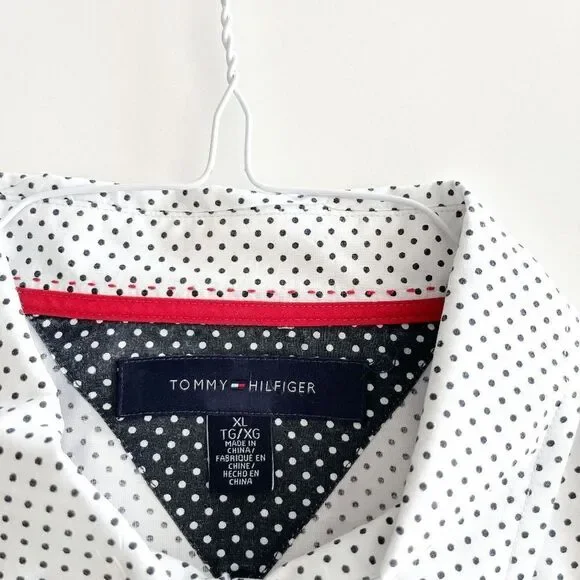 Tommy Hilfiger Mens Dress Shirt Long Sleeve Button Down Polka White Black XL - Picture 4 of 8
